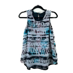 Japna Tie Dye Stripe Chiffon‎ Tank Top Blue Black White Multi Small Flowy Y2K